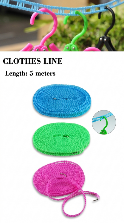 Nylon Clothesline 5m Non-Slip Hooks Outdoor